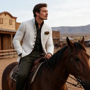 Stylish off-white men's tweed slim-fit blazer for retro British style in outdoor setting