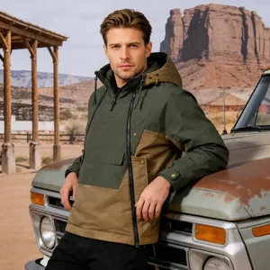 Men Casual Hooded Cargo Jacket Outdoor Windproof Color Block Multi-Pocket Windbreaker Jacket Outerwear For Men