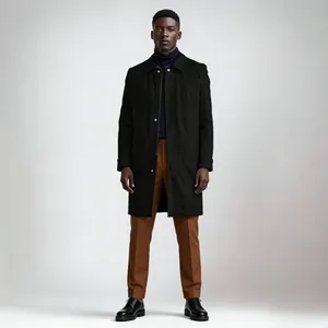 Full-length view of a black mid-length men's trench coat with a minimalist design.