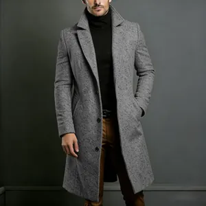 Classic gray long woolen coat for men with a refined texture and notched lapel.