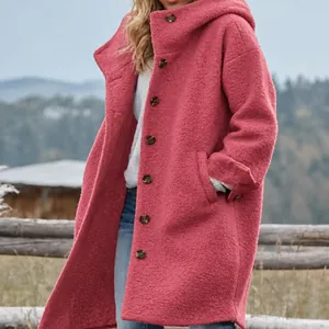 Detailed view of women's pink textured mid-length hooded coat with single-breasted buttons