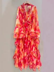 Vibrant floral printed long maxi dress featuring tiered ruffles and elegant rhinestone V-neck
