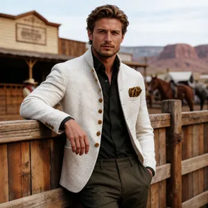 Elegant British style retro tweed men's slim fit casual blazer jacket in off-white