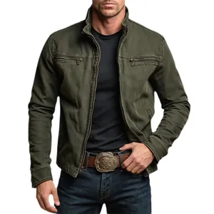 Men's vintage olive green military jacket with stand-up collar and multi-pockets