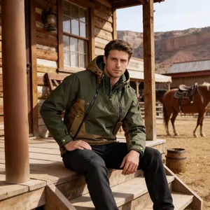 Premium men's hooded outdoor work jacket featuring a stylish green and brown colorblock design