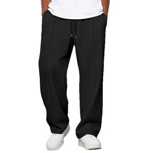 Stylish men's black waffle knit straight-leg casual drawstring trousers for autumn season