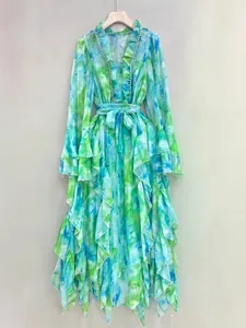 Vibrant green floral print maxi dress with rhinestone V-neck and ruffled hem for vacation