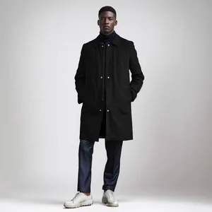Elegant men's minimalist black mid-length trench coat for business casual windproof outerwear