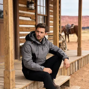 Stylish men's outdoor hooded work jacket featuring windproof fabric and color block design