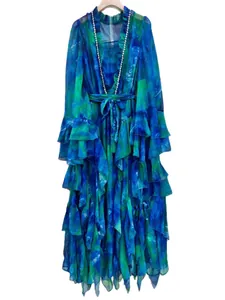 Blue and green watercolor floral print ruffled maxi dress with tie waist and rhinestone trim