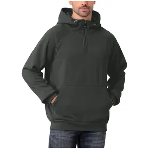 Detailed front view of a premium men's heavy charcoal grey half-zip hooded sweatshirt