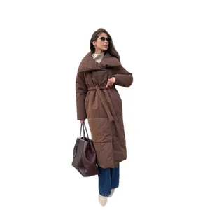 Stylish brown long puffer coat with waist belt and wide collar for women