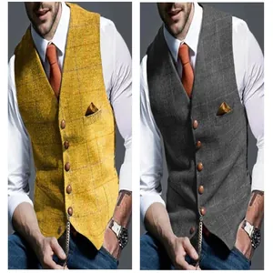 Detailed comparison of men's slim fit plaid casual waistcoats in yellow and dark grey colors