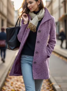 Elegant slim fit single-breasted mid-length purple wool coat in a classic street style look