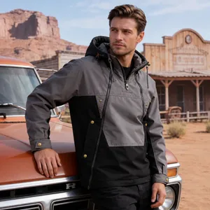 Men's outdoor hooded work jacket with grey and black windproof patchwork design