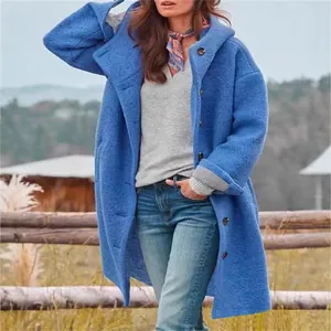 Cozy blue hooded mid-length coat for women, perfect for autumn casual wear