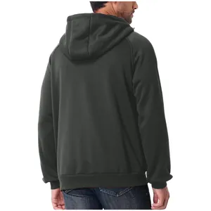 Detailed back view of a men's heavy weight solid color hooded sweatshirt in dark charcoal