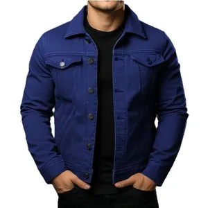 Slim fit marineblauwe spijkerjas voor heren met klepzakken en knoopsluiting