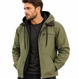 Frontal view of vintage men's army green hooded jacket with front zipper and dark grey lining