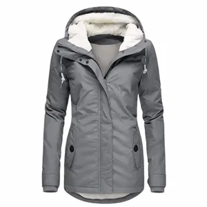 Close-up of a women's gray mid-length hooded jacket with warm fleece lining