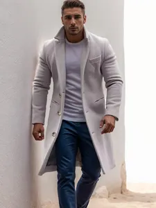 Full-length view of a men's stylish light grey mid-length wool coat for autumn winter