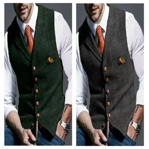 Men's slim fit plaid waistcoat in green and grey, elegant business casual style