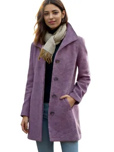 Detailed view of this elegant purple mid-length wool coat with single-breasted design.