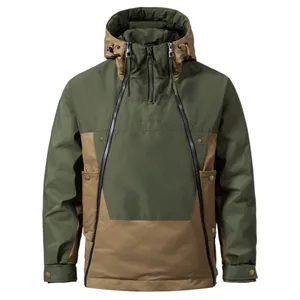 Men's outdoor hooded work jacket with color-block design and multi-pocket style