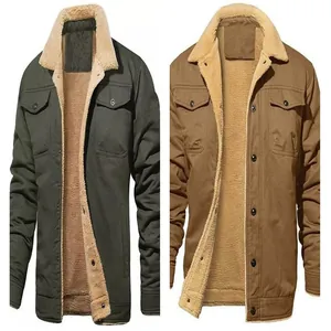 Two men's winter work jackets with fleece lining in olive green and tan colors.