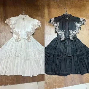 Elegant embroidered A-line ruffle dresses with floral patchwork in black and white styles