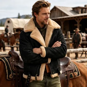 Vintage men's black suede shearling jacket with thick warm lining for autumn and winter
