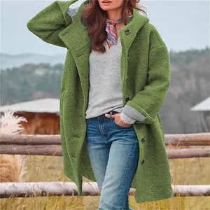 Cozy green hooded mid-length coat for women with single-breasted design and warm fuzzy texture