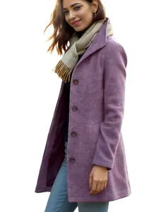 Detail view of a purple single-breasted wool coat with scarf showing the autumn style outfit
