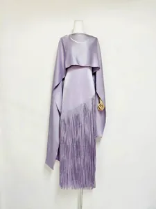 Lavender acetate two-piece set featuring a long fringe dress and matching crop shrug