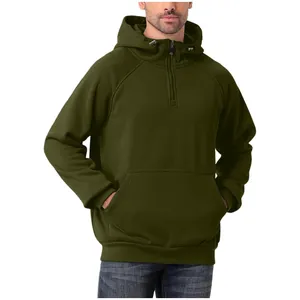Men's heavyweight olive green half-zip hooded sweatshirt featuring a kangaroo pocket