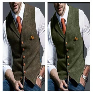 Detail of men's slim fit checkered waistcoat in brown and green colors