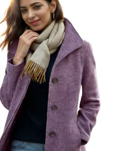 Detailed view of women's purple retro wool coat with single-breasted design.