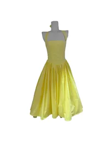 Elegant yellow halter neck midi dress with pleated flared skirt and square neckline