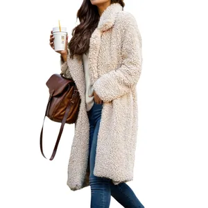 Elegant long-sleeved teddy fleece coat with lapel collar in a stylish warm cream finish