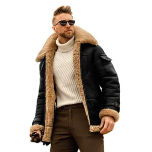 Giacca da aviatore invernale da uomo con spessa fodera in montone beige e collo
