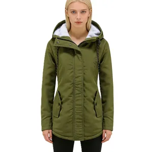Front view of women's olive green hooded parka featuring warm white fleece lining.