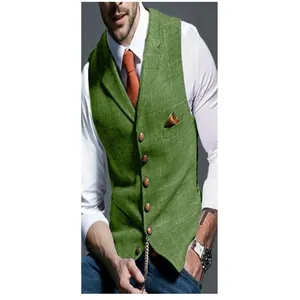 Close-up detail of green plaid waistcoat featuring slim fit design and button closure
