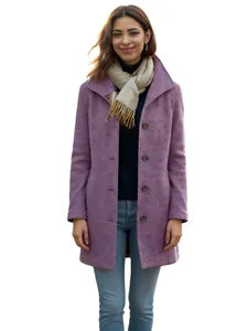 Detailed shot of a purple vintage single-breasted mid-length wool coat for women