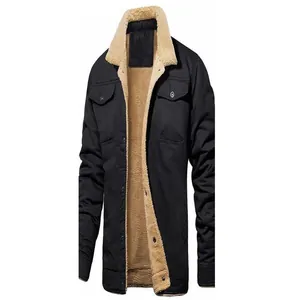 Detailed view of men's black cotton workwear jacket with warm beige sherpa lining