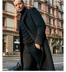 Premium men's long black woolen coat detail shot featuring a British street style.