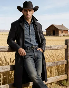 Detailansicht einer langen schwarzen PU-Lederjacke für Herren in einer Western-Ranch.