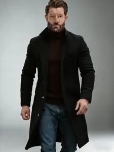 Stylish men's black mid-length wool coat featuring classic notch lapels and slim fit