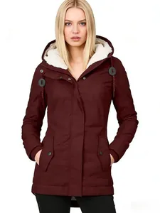 Professional front view of women's burgundy fleece-lined hooded parka with pockets