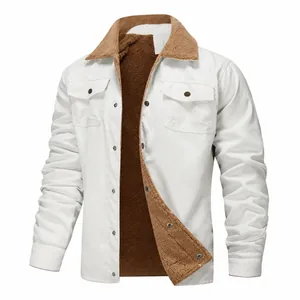 Close-up detail of men's white workwear jacket with warm brown fleece lining and collar