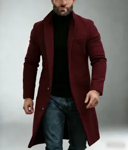 Detailed view of a premium men's burgundy mid-length wool coat for winter warmth.